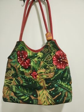 Embroidered Green Floral Shoulder Bag with Red Accents